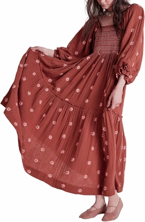 Chloefairy Women's Flower Embroidered Maxi Dress Lantern Sleeve Square Neck Tiered Flowy Spring Fall Dress