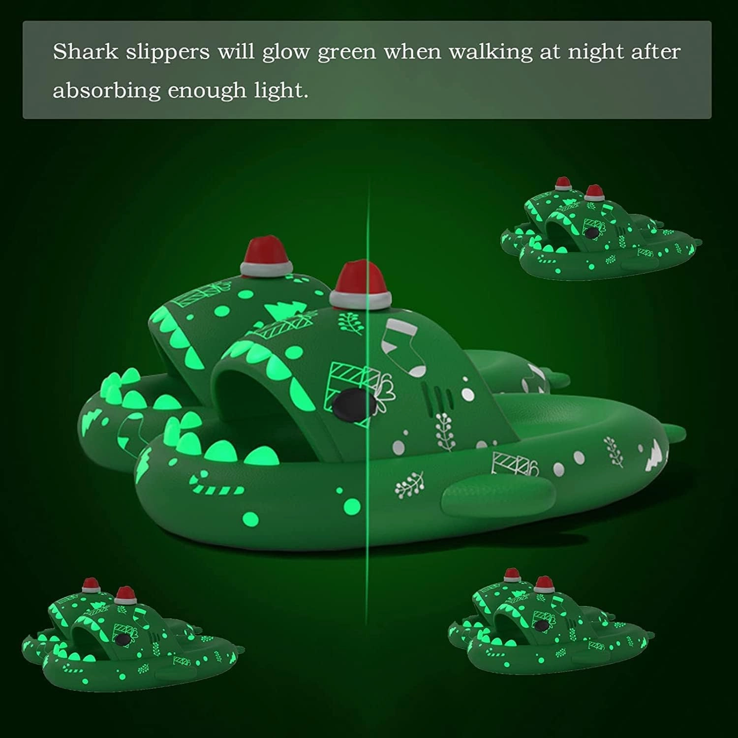 Christmas Shark Slides,Santa Shark Slides,Spooky Shark Slides Glow In The Dark For Men Women,3D Cloudy Shark Slippers