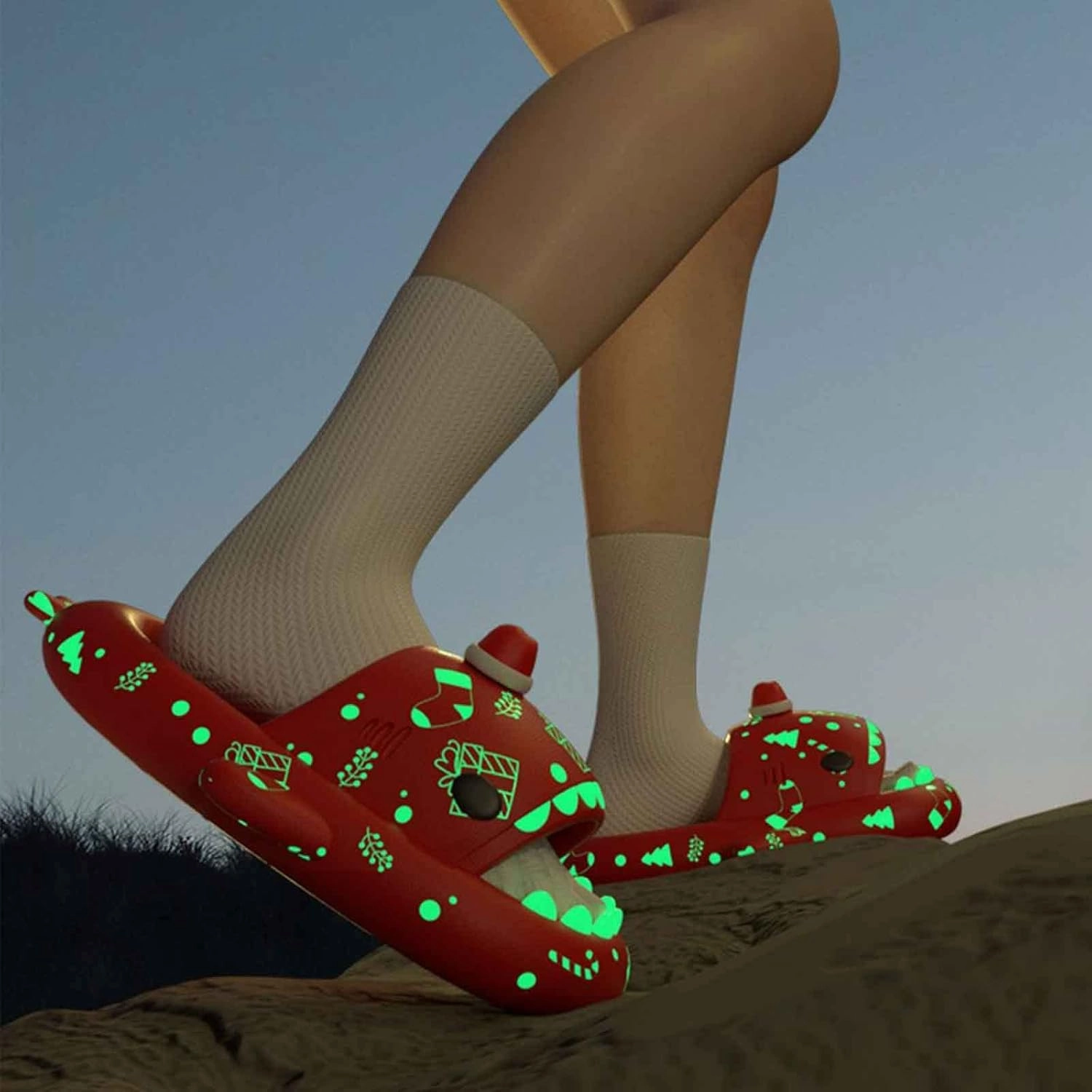 Christmas Shark Slides,Santa Shark Slides,Spooky Shark Slides Glow In The Dark For Men Women,3D Cloudy Shark Slippers