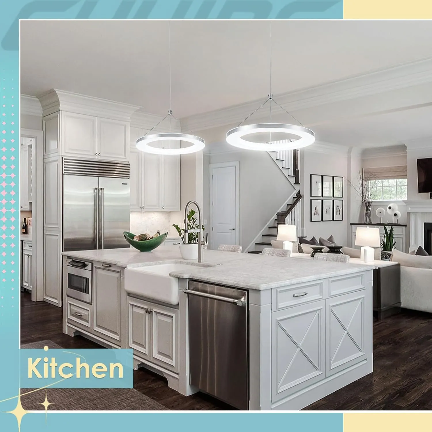 CHYING LED Pendant Light 3 Pack Modern Kitchen Island Lighting Silver Ring Chandelier 6500K Cool White Adjustable Height Circular Hanging Light Fixture for Dining Room Living Room Hallway
