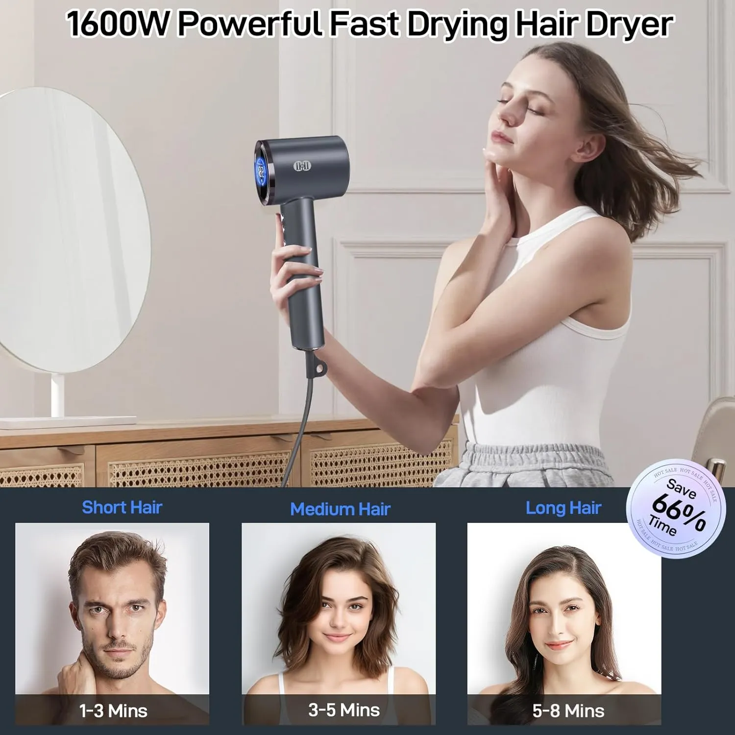 CIICII Negative Ionic Hair Dryer Professional, 120000RPM High Speed Blow Dryer (1600W Brushless/ 3-Speed/ 4-Temp & HD Display & Portable Bag) Fast Drying Hairdryer for Home, Travel & Salon (Black)