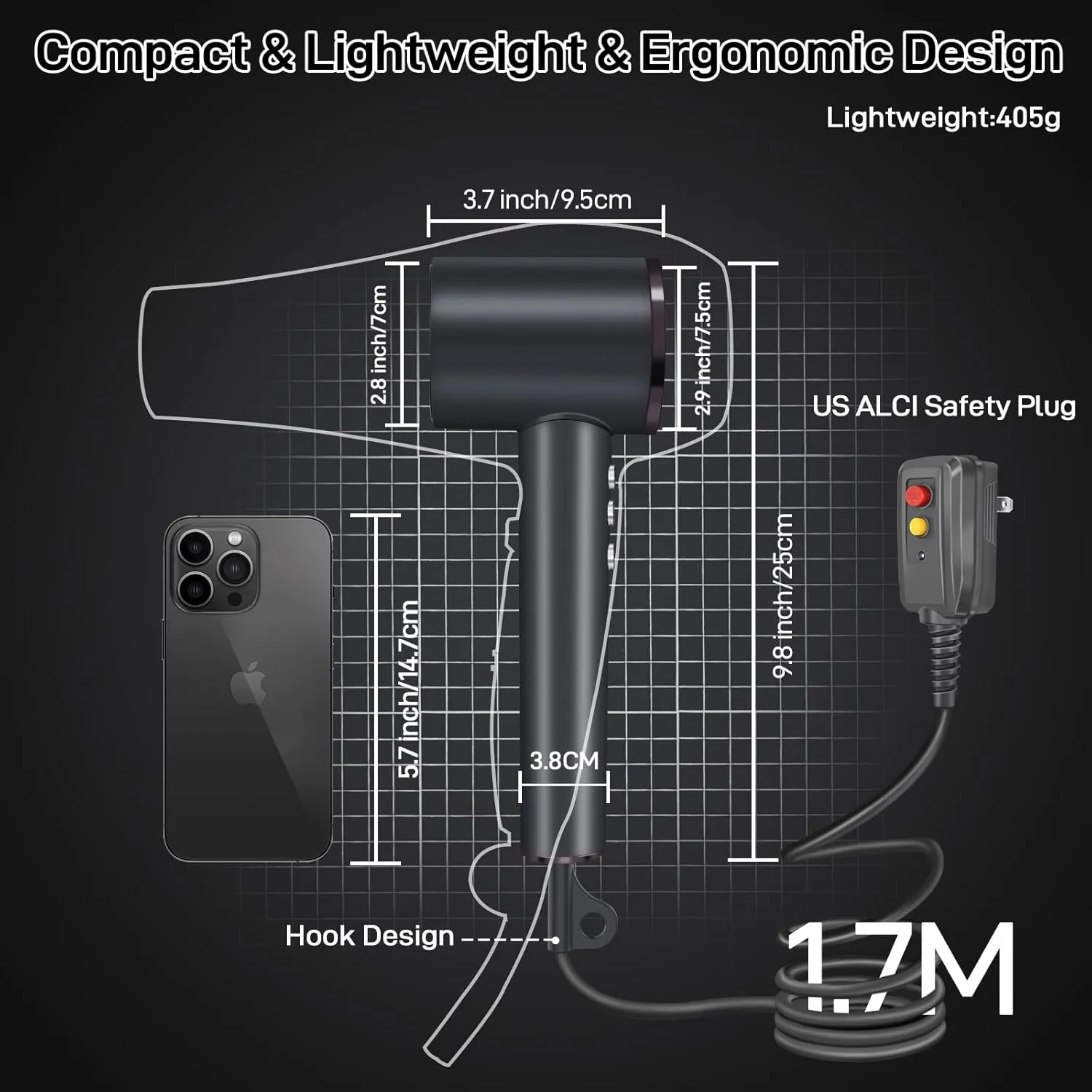 CIICII Negative Ionic Hair Dryer Professional, 120000RPM High Speed Blow Dryer (1600W Brushless/ 3-Speed/ 4-Temp & HD Display & Portable Bag) Fast Drying Hairdryer for Home, Travel & Salon (Black)