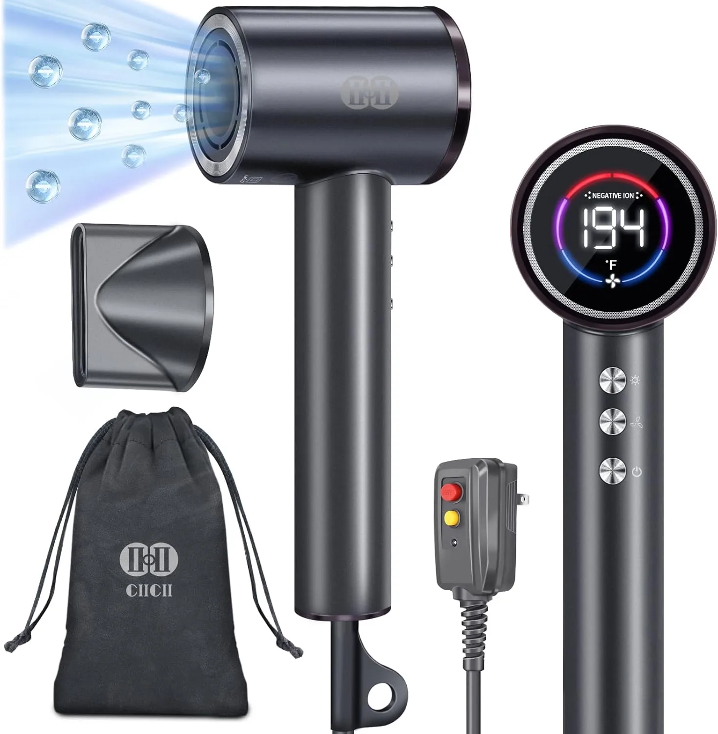 CIICII Negative Ionic Hair Dryer Professional, 120000RPM High Speed Blow Dryer (1600W Brushless/ 3-Speed/ 4-Temp & HD Display & Portable Bag) Fast Drying Hairdryer for Home, Travel & Salon (Black)