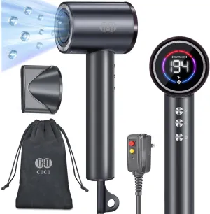 CIICII Negative Ionic Hair Dryer Professional, 120000RPM High Speed Blow Dryer (1600W Brushless/ 3-Speed/ 4-Temp & HD Display & Portable Bag) Fast Drying Hairdryer for Home, Travel & Salon (Black)