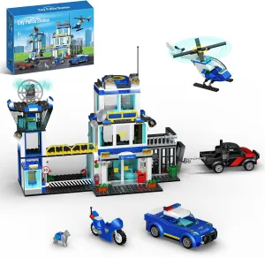 City Police Station Building Set, Police Station with Helicopter Model, Police Car Model, Motorcycle Model, Birthday Christmas Building Kit Gift for Kids Ages 6 and Up