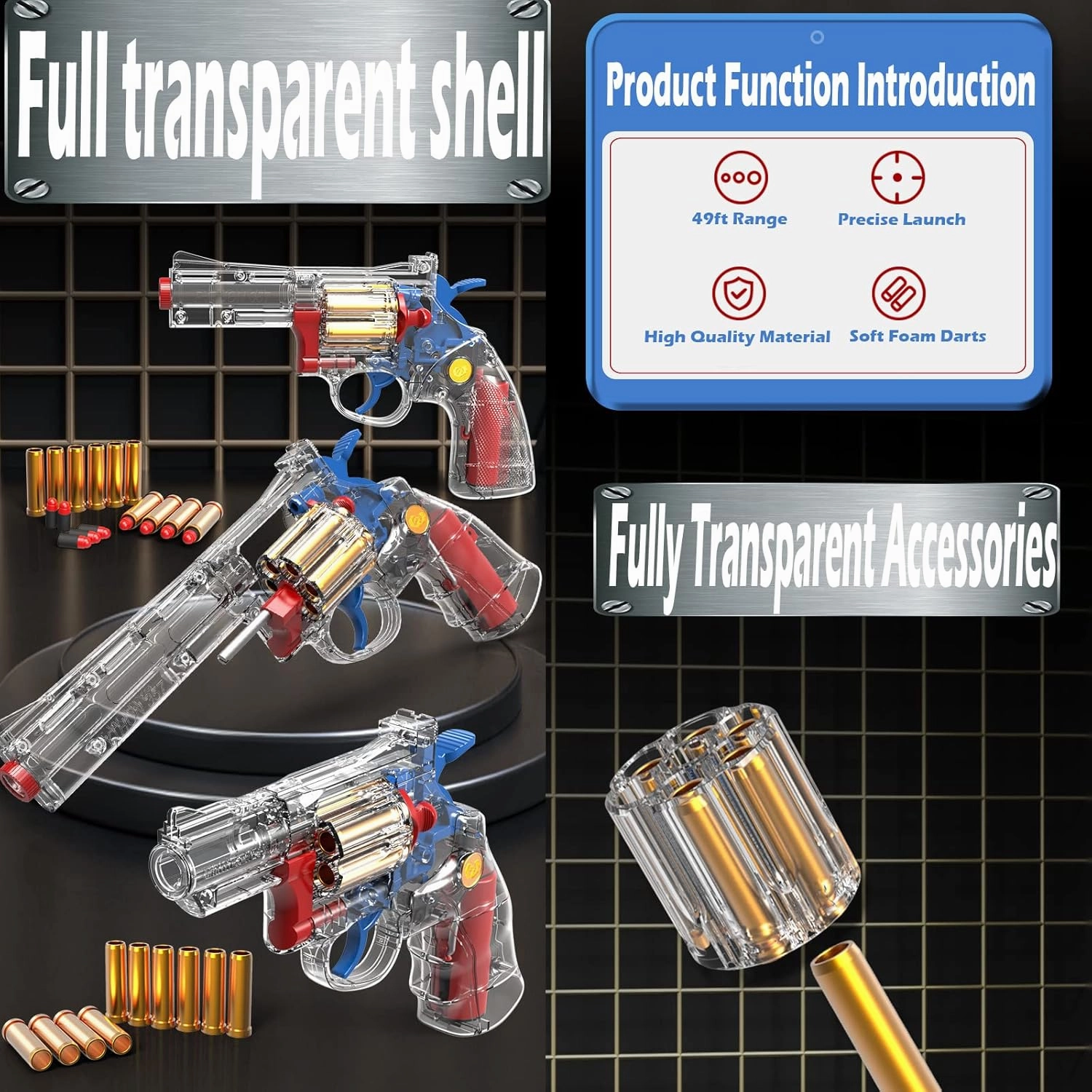 Clear Housing Toy Revolver Foam Blaster with Elite Soft Foam Darts for Nerf Guns Toys Gun Set for Kids Ages 5 6 7 8 Short