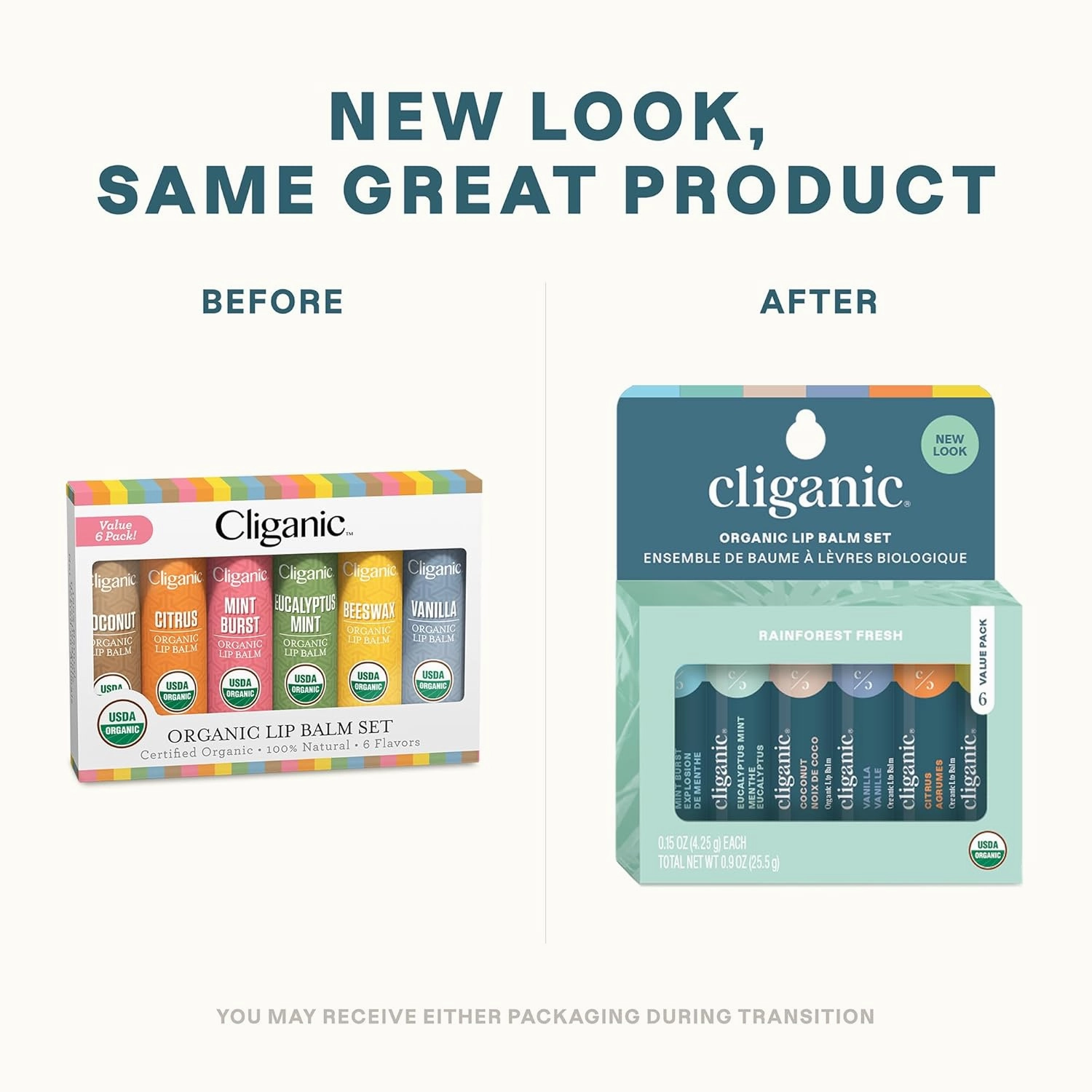 Cliganic Organic Lip Balm Set (2 Packs of 6 Tubes), 100% Natural Moisturizer for Cracked & Dry Lips (Packaging May Vary)