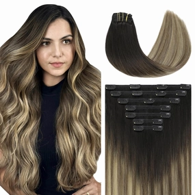 Clip in Hair Extension Real Human Hair Balayage Black Ombre Dark Brown with Caramel Brown Clips on Hair Extension, Natural Human Hair, 14Inch 140 Grams 7 Pieces (7C#1B/4/27-14Inch)