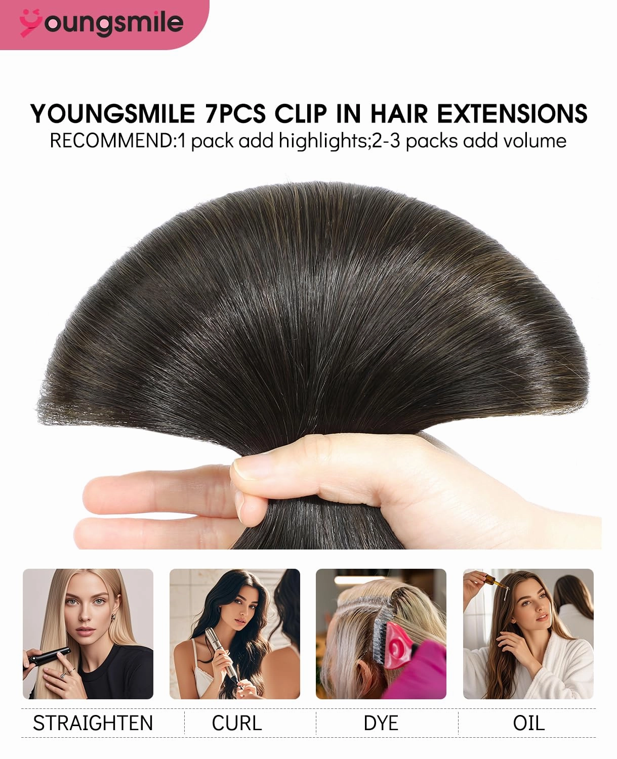 Clip in Hair Extension Real Human Hair Balayage Black Ombre Dark Brown with Caramel Brown Clips on Hair Extension, Natural Human Hair, 14Inch 140 Grams 7 Pieces (7C#1B/4/27-14Inch)