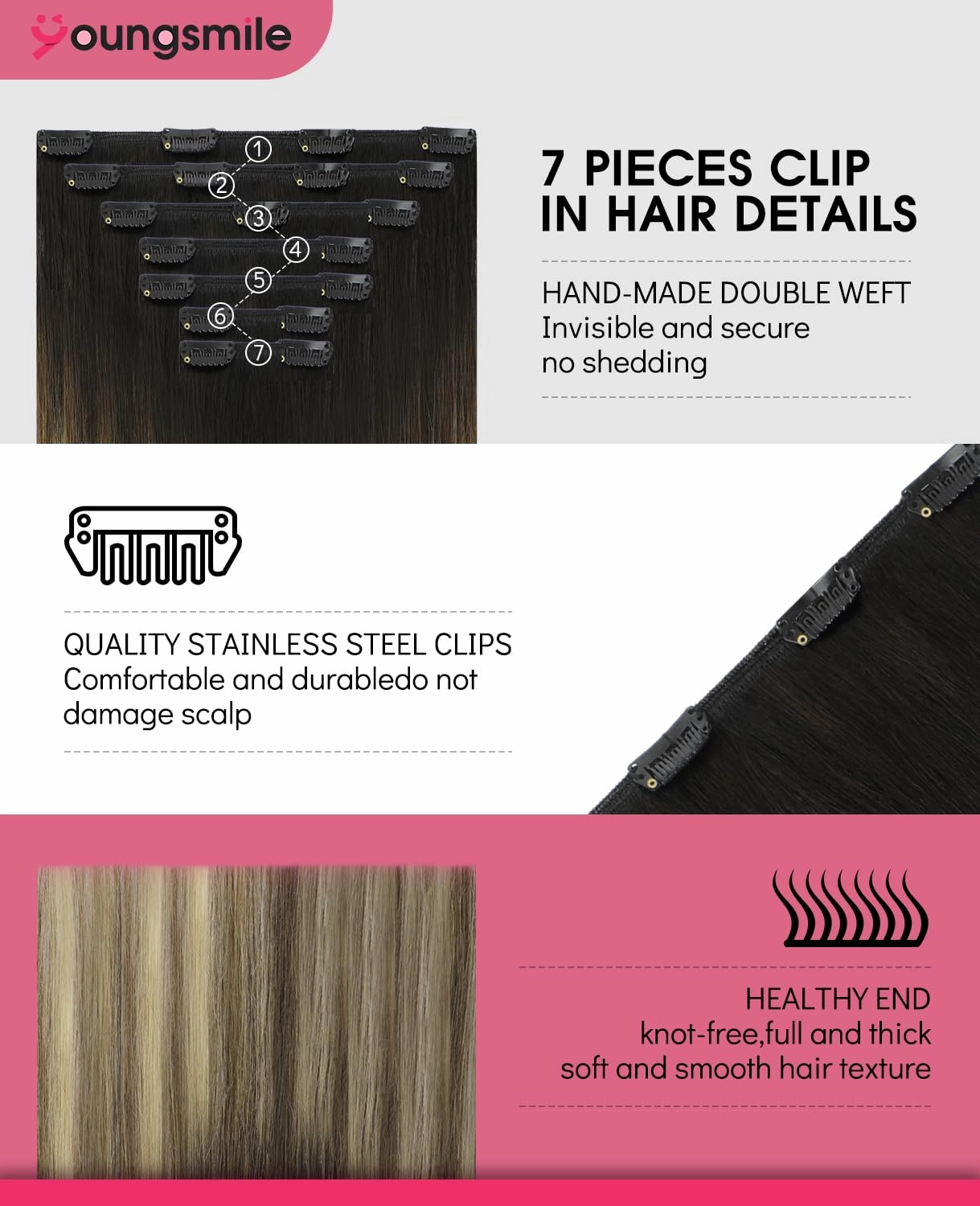 Clip in Hair Extension Real Human Hair Balayage Black Ombre Dark Brown with Caramel Brown Clips on Hair Extension, Natural Human Hair, 14Inch 140 Grams 7 Pieces (7C#1B/4/27-14Inch)