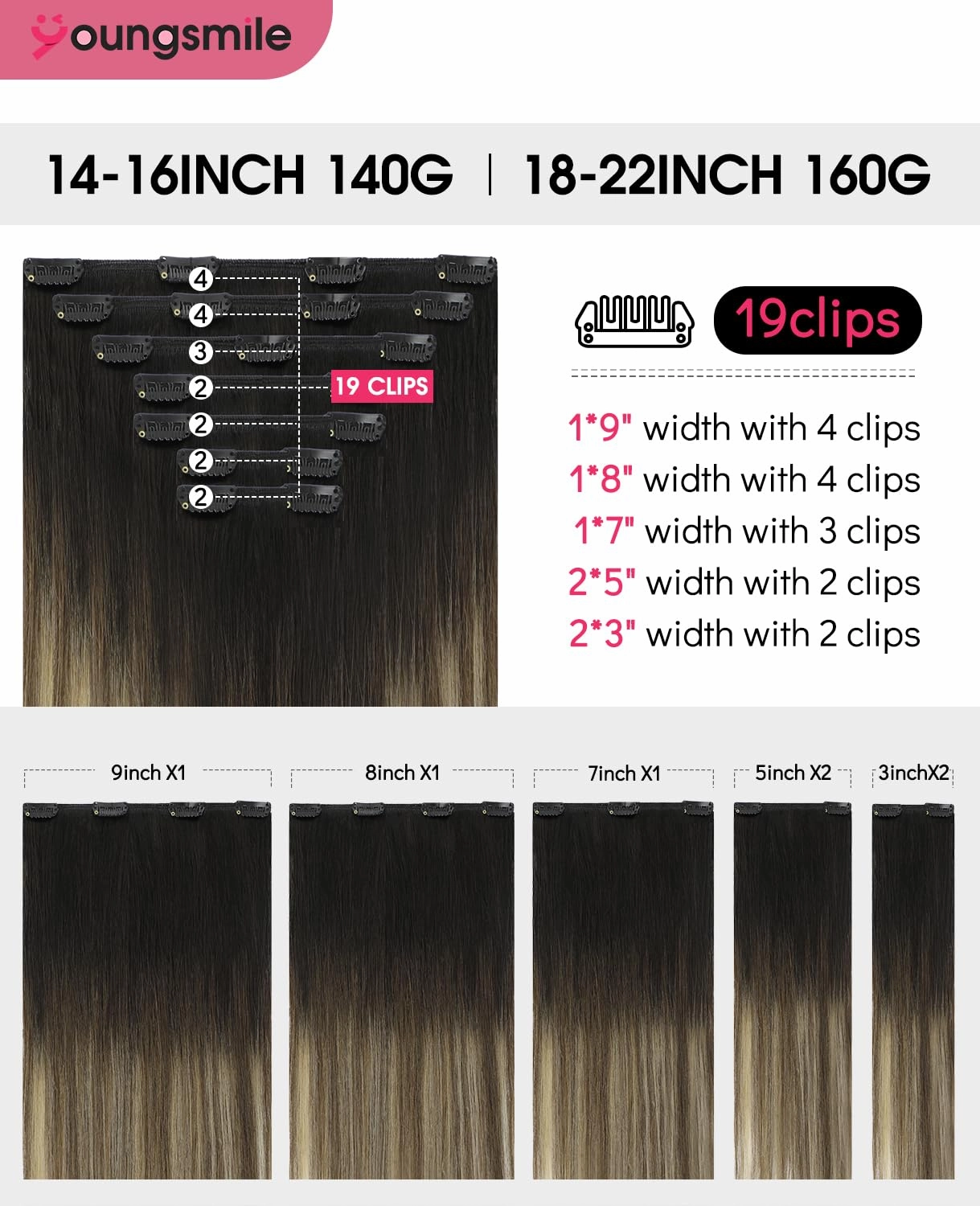 Clip in Hair Extension Real Human Hair Balayage Black Ombre Dark Brown with Caramel Brown Clips on Hair Extension, Natural Human Hair, 14Inch 140 Grams 7 Pieces (7C#1B/4/27-14Inch)