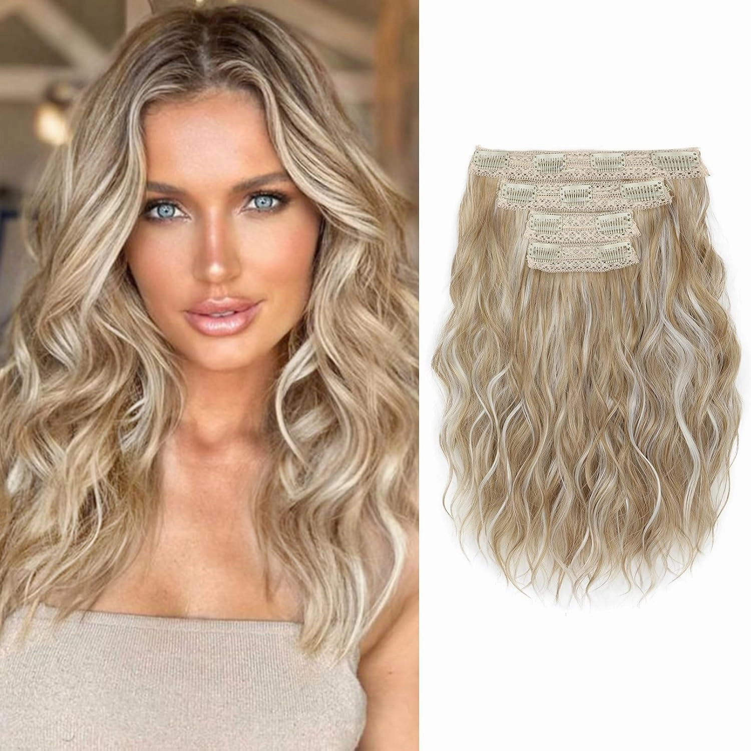 Clip in Hair Extensions, 12 Inch Short Wavy 4PCS Invisible Lace Weft Natural Soft Hairpieces for Women, Light Golden Blonde with White Blonde