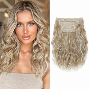 Clip in Hair Extensions, 12 Inch Short Wavy 4PCS Invisible Lace Weft Natural Soft Hairpieces for Women, Light Golden Blonde with White Blonde
