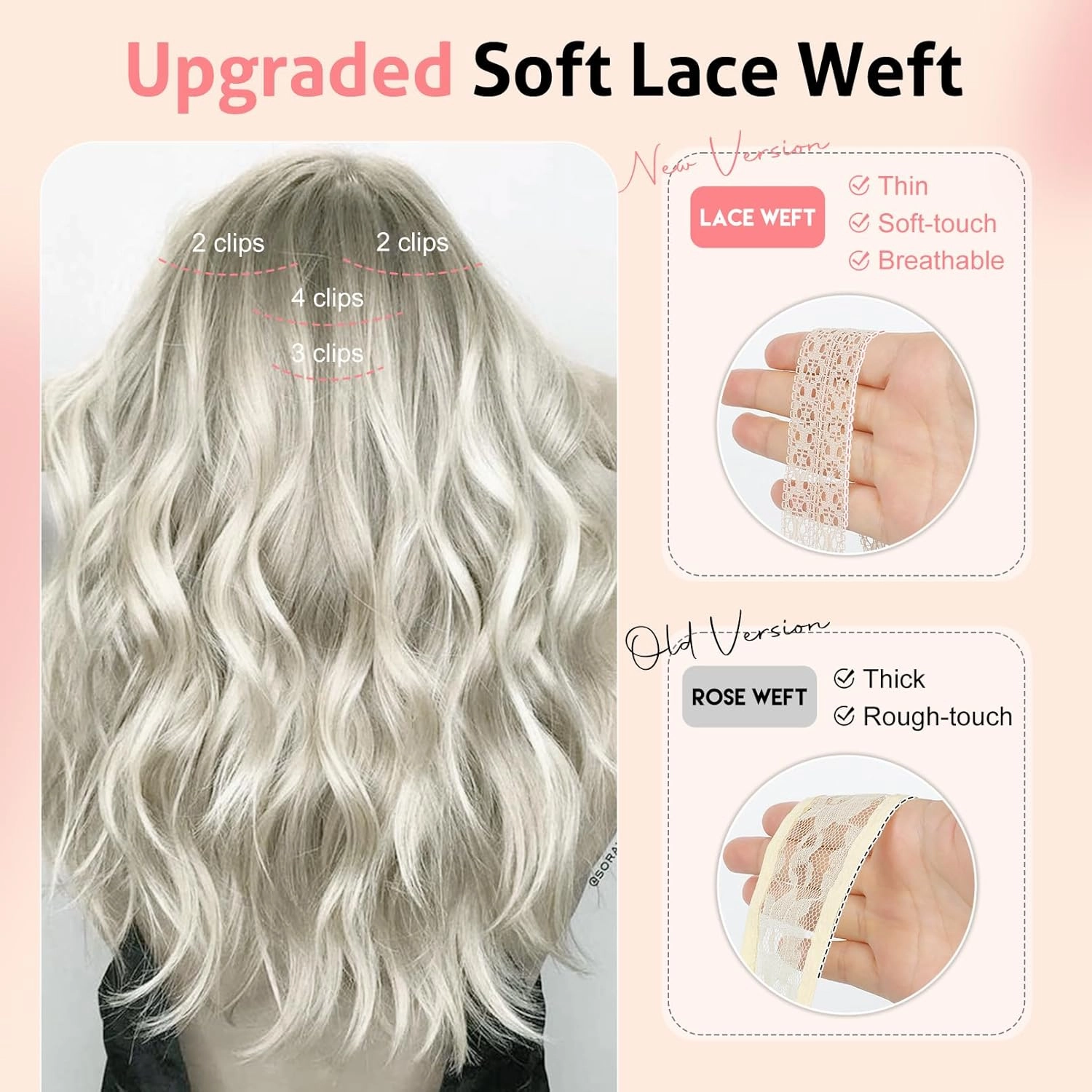 Clip in Hair Extensions, 12 Inch Short Wavy 4PCS Invisible Lace Weft Natural Soft Hairpieces for Women, Light Golden Blonde with White Blonde