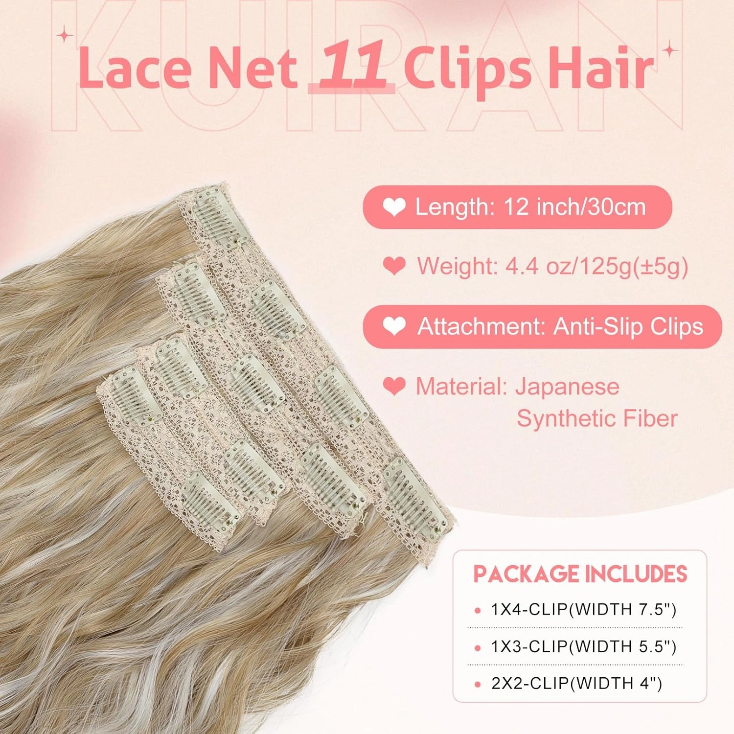 Clip in Hair Extensions, 12 Inch Short Wavy 4PCS Invisible Lace Weft Natural Soft Hairpieces for Women, Light Golden Blonde with White Blonde