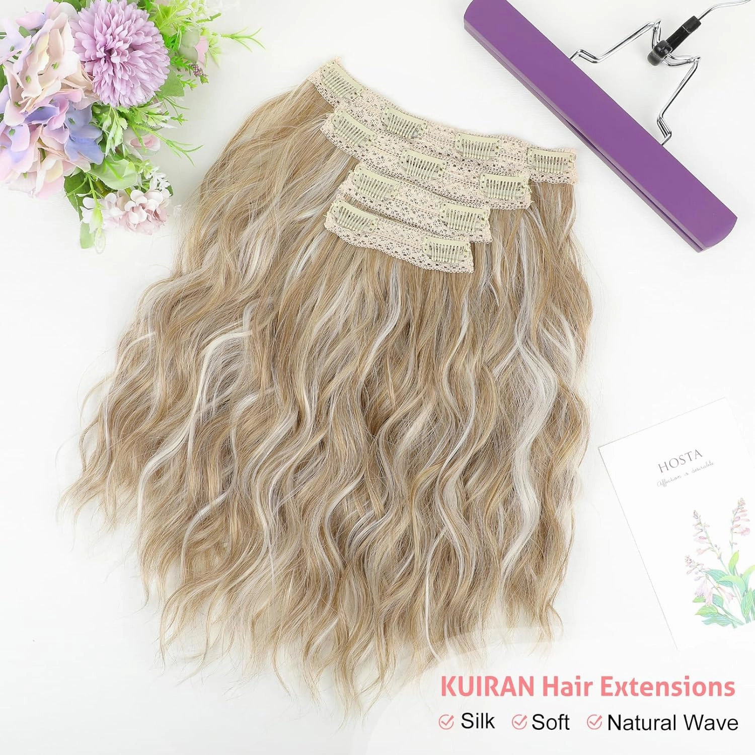 Clip in Hair Extensions, 12 Inch Short Wavy 4PCS Invisible Lace Weft Natural Soft Hairpieces for Women, Light Golden Blonde with White Blonde