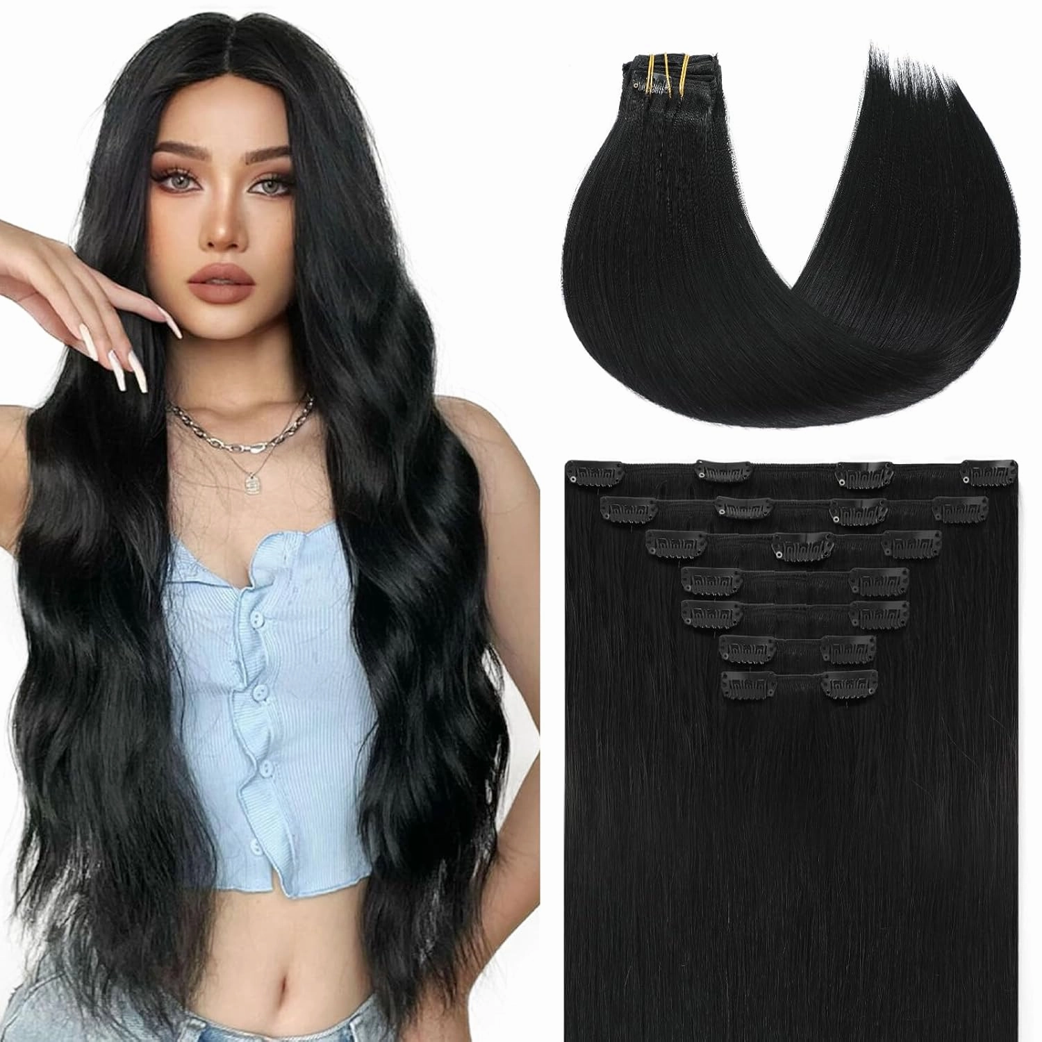 Clip in Hair Extensions Human Hair,18 Inch 160g 7pcs, #1 Jet Black Rallonge Cheveux Humain Thick End Clip in Real Hair Extensions Easy To Install for Full Head (7C#1-18Inch)