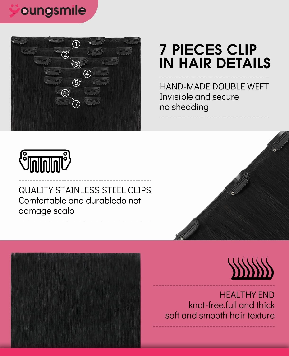 Clip in Hair Extensions Human Hair,18 Inch 160g 7pcs, #1 Jet Black Rallonge Cheveux Humain Thick End Clip in Real Hair Extensions Easy To Install for Full Head (7C#1-18Inch)