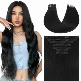 Clip in Hair Extensions Human Hair,18 Inch 160g 7pcs, #1 Jet Black Rallonge Cheveux Humain Thick End Clip in Real Hair Extensions Easy To Install for Full Head (7C#1-18Inch)