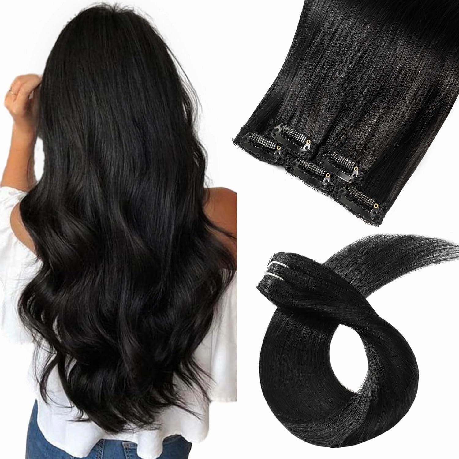 clip in Hair Extensions Natural Black Real Human Hair 14inch 30g 5pcs to add volume Remy Human Hair Extensions