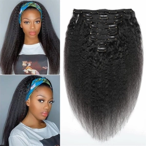Clips In Hair Extensions Kinky Straight (Yaky) Human Hair - 14" Natural Black (#1B)