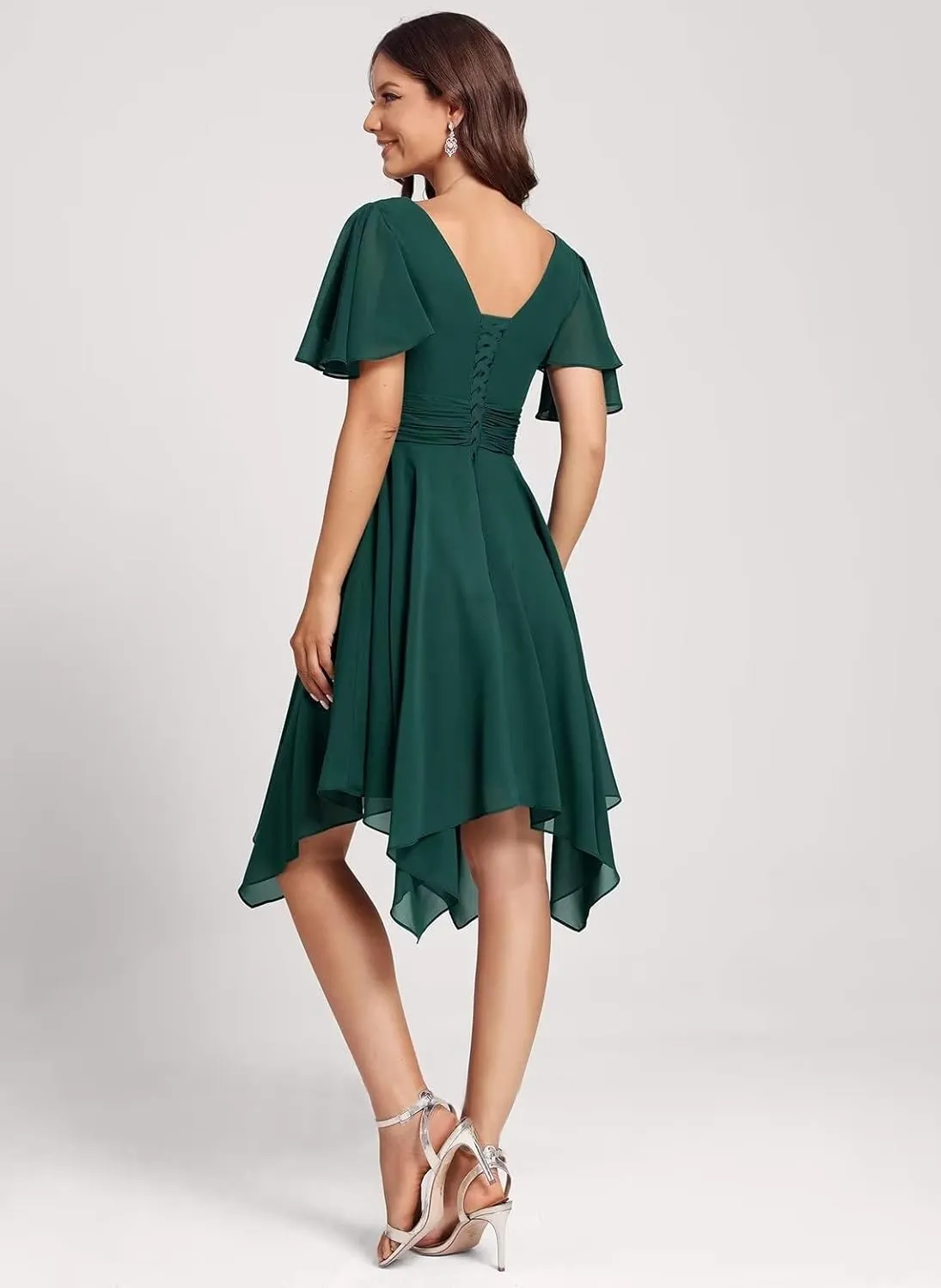 Clothfun V Neck Short Bridesmaid Dresses with Sleeves Ruched Chiffon A-Line Cocktail Dress for Women with Pockets