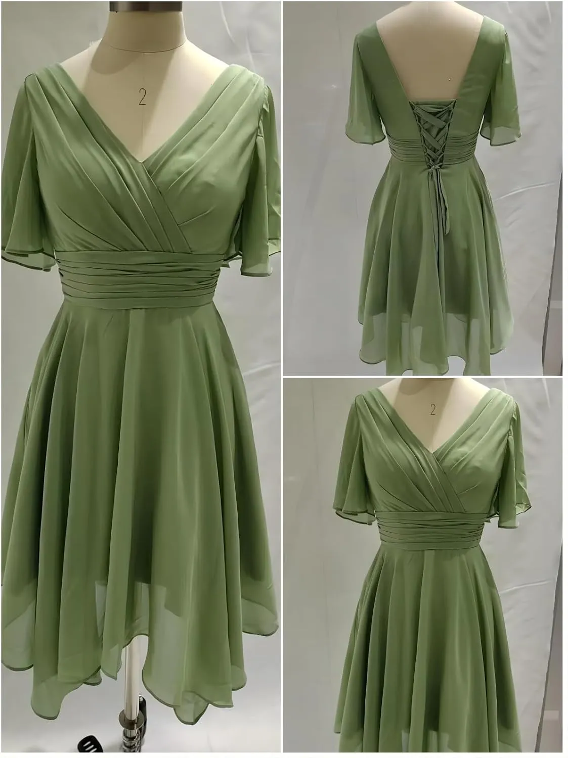Clothfun V Neck Short Bridesmaid Dresses with Sleeves Ruched Chiffon A-Line Cocktail Dress for Women with Pockets