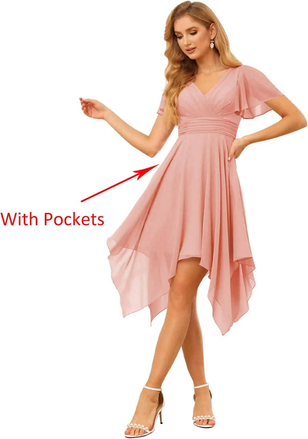 Clothfun V Neck Short Bridesmaid Dresses with Sleeves Ruched Chiffon A-Line Cocktail Dress for Women with Pockets