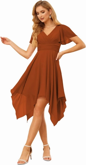 Clothfun V Neck Short Bridesmaid Dresses with Sleeves Ruched Chiffon A-Line Cocktail Dress for Women with Pockets