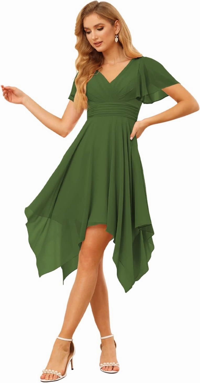 Clothfun V Neck Short Bridesmaid Dresses with Sleeves Ruched Chiffon A-Line Cocktail Dress for Women with Pockets