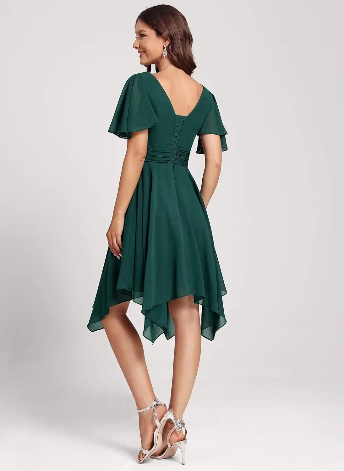 Clothfun V Neck Short Bridesmaid Dresses with Sleeves Ruched Chiffon A-Line Cocktail Dress for Women with Pockets