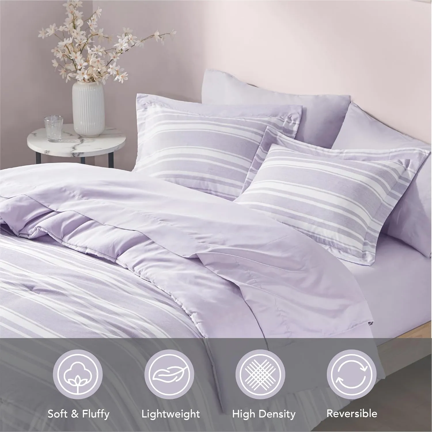 Codi Bed in a Bag Twin Size Complete Set, Lavender Purple Striped Single Comforter Set 5 Piece for Teen, Modern Neutral Cationic Dyeing Bed Sets with Comforter, Sheets, Pillowcases & Shams