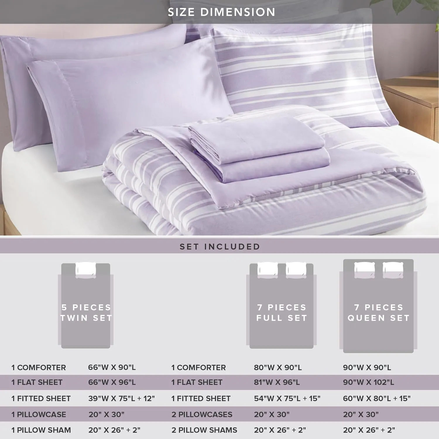 Codi Bed in a Bag Twin Size Complete Set, Lavender Purple Striped Single Comforter Set 5 Piece for Teen, Modern Neutral Cationic Dyeing Bed Sets with Comforter, Sheets, Pillowcases & Shams