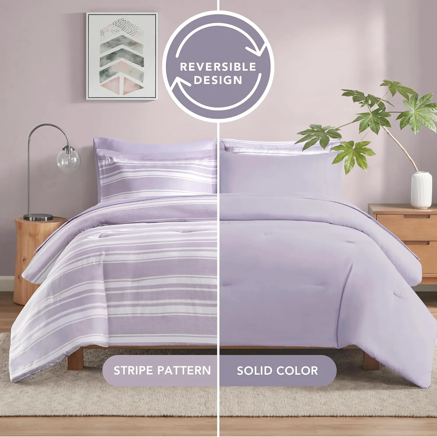 Codi Bed in a Bag Twin Size Complete Set, Lavender Purple Striped Single Comforter Set 5 Piece for Teen, Modern Neutral Cationic Dyeing Bed Sets with Comforter, Sheets, Pillowcases & Shams