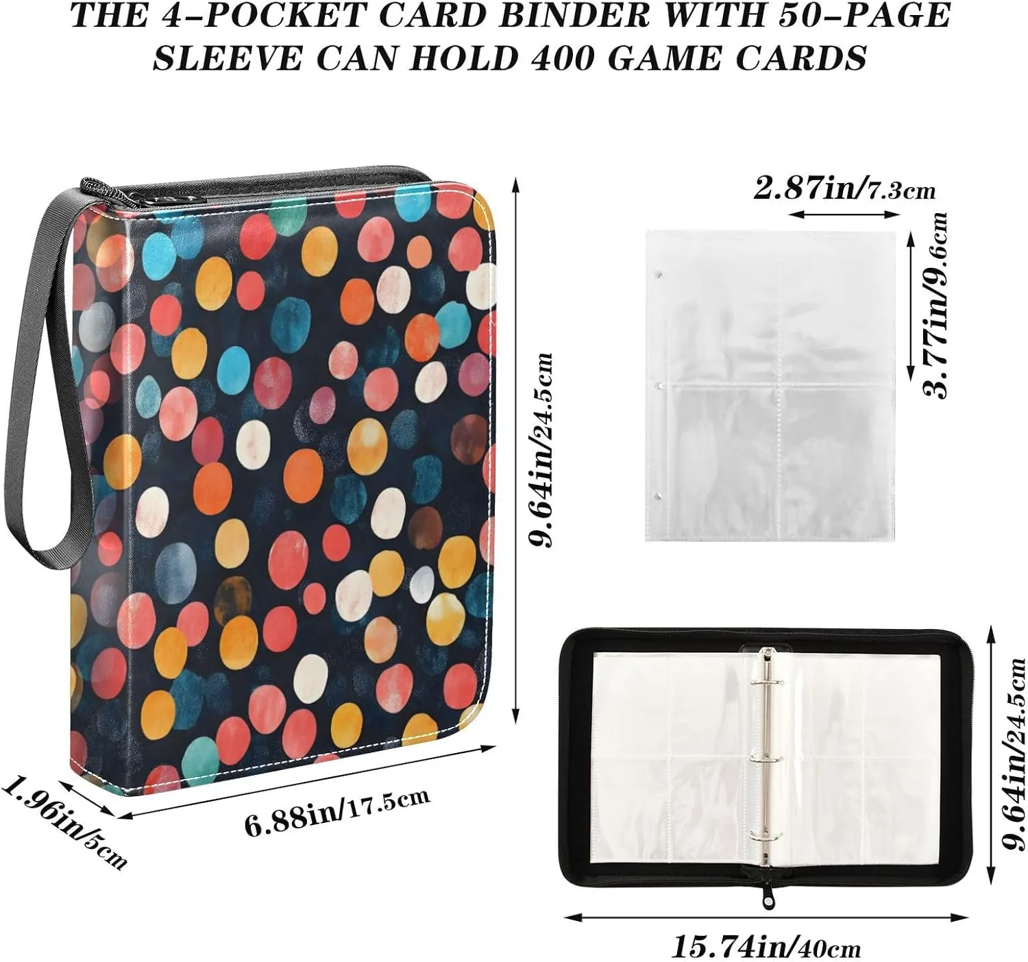 Colorful Lights Dots Card Binder Small, Binder with Zipper with Sleeves for Baseball Card, Football Card