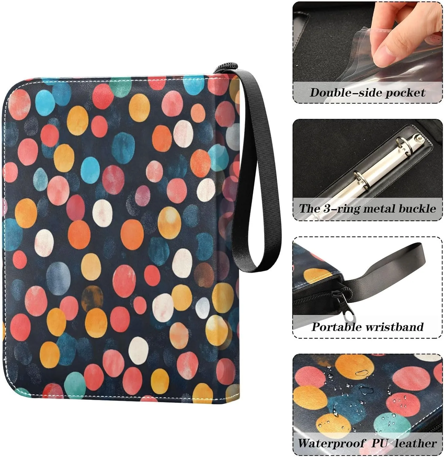 Colorful Lights Dots Card Binder Small, Binder with Zipper with Sleeves for Baseball Card, Football Card