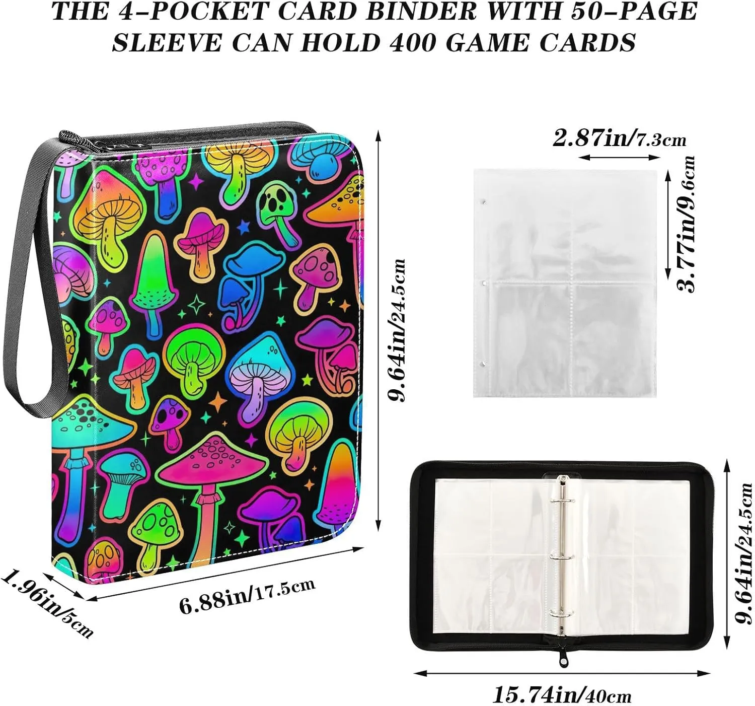 Colorful Mushrooms Bright Collectible Card Binder, 3 Ring Trading Card Binder 400 Cards Capacity for Sports Cards, Game Cards