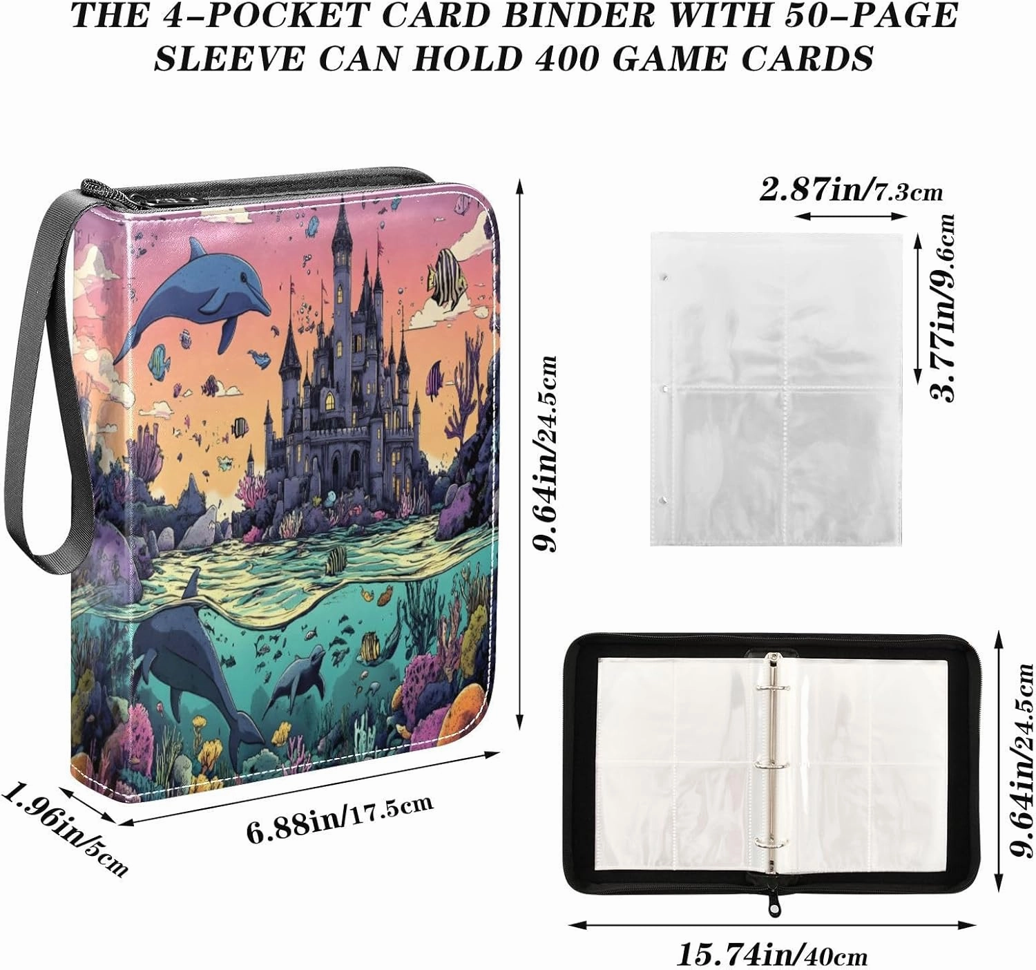 Colorful Castle Ocean Card Holder Binder 4-Pocket Collectible Trading Card Albums Fits 400 Cards for Baseball Card, Football Card