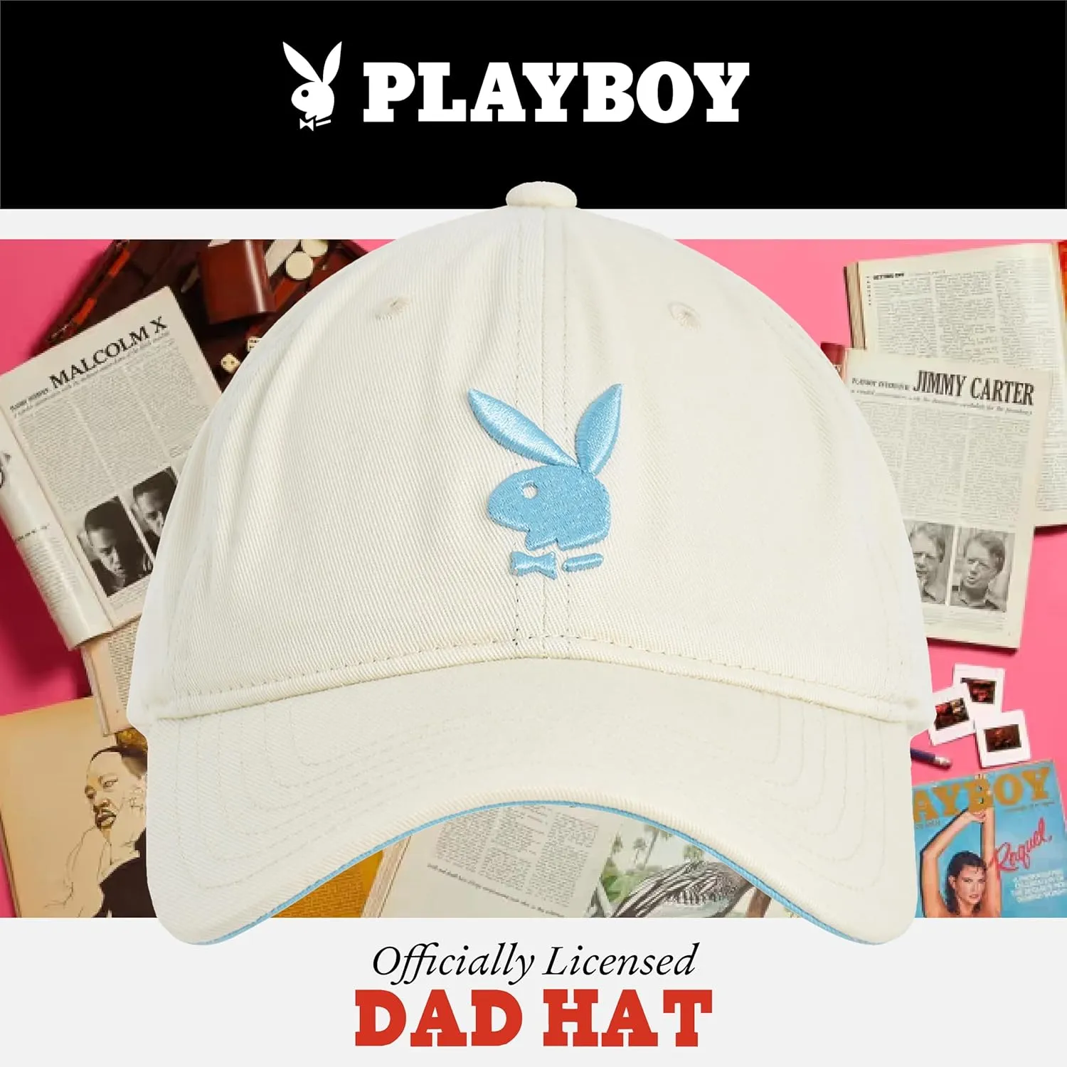 Concept One Playboy Dad Hat, Cotton Twill Adjustable Baseball Cap with Curved Brim