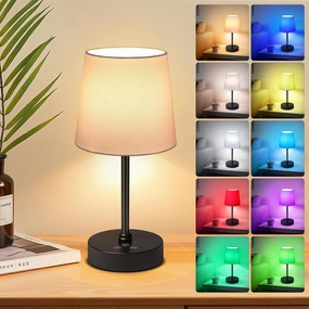 Cordless Table Lamp,5000mAh Rechargeable Battery Operated Desk Lamp,3Colors & 7 RGB Stepless Dimmable, Portable Small Touch Fabric Shade LED Night Light for Patio Restaurant Home(White)
