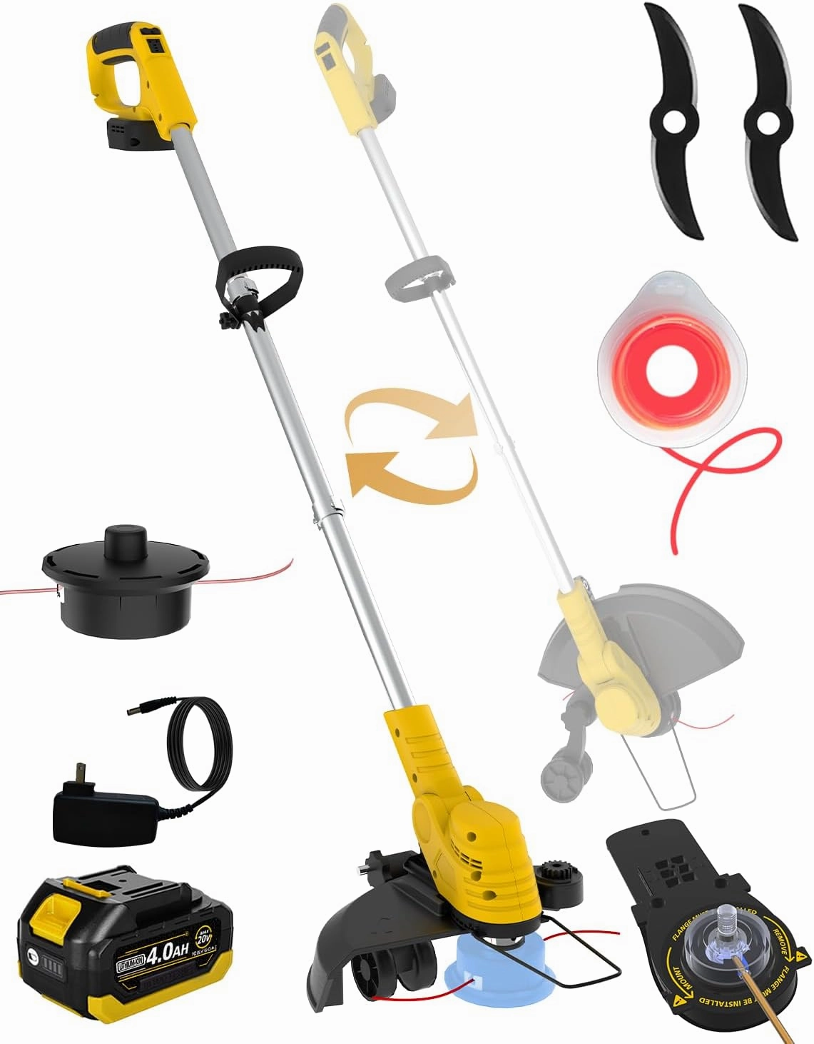 Cordless Weed Wacker, 095 Two-Power-Line Metal Blades, Super Brushless Motor, 4-in-1 Battery Powered Weed Eater String Trimmer Wheel Edger Lawn Tool Cutter,Weed Whacker(One 4.0Ah Battery)