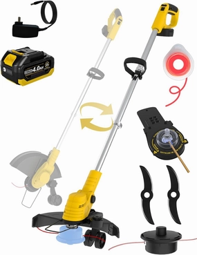 Cordless Weed Wacker 0.095″ Dual-Power-Line Metal Blades, Super Brushless Motor, 4-in-1 Battery Powered Weed Eater String Trimmer Wheel Edger Lawn Tool Cutter,Weed Whacker(One 4.0Ah Battery)