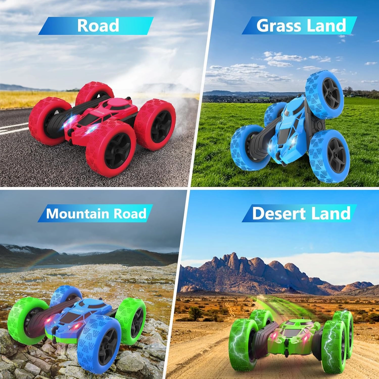 cosone Remote Control Car for Kids - RC Cars Boy Toys 4WD 2.4Ghz Double Sided 360° Rotating Rechargeable All Terrain Remote Car with LED Lights, Kids Boys Ideas - Blue