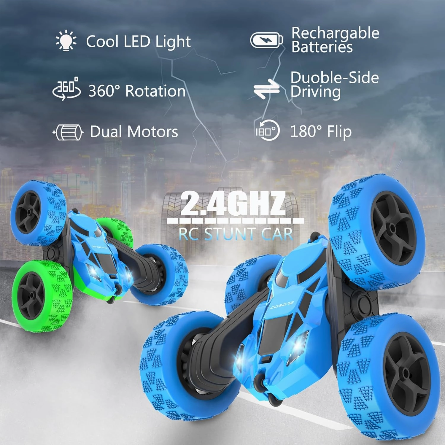 cosone Remote Control Car for Kids - RC Cars Boy Toys 4WD 2.4Ghz Double Sided 360° Rotating Rechargeable All Terrain Remote Car with LED Lights, Kids Boys Ideas - Blue