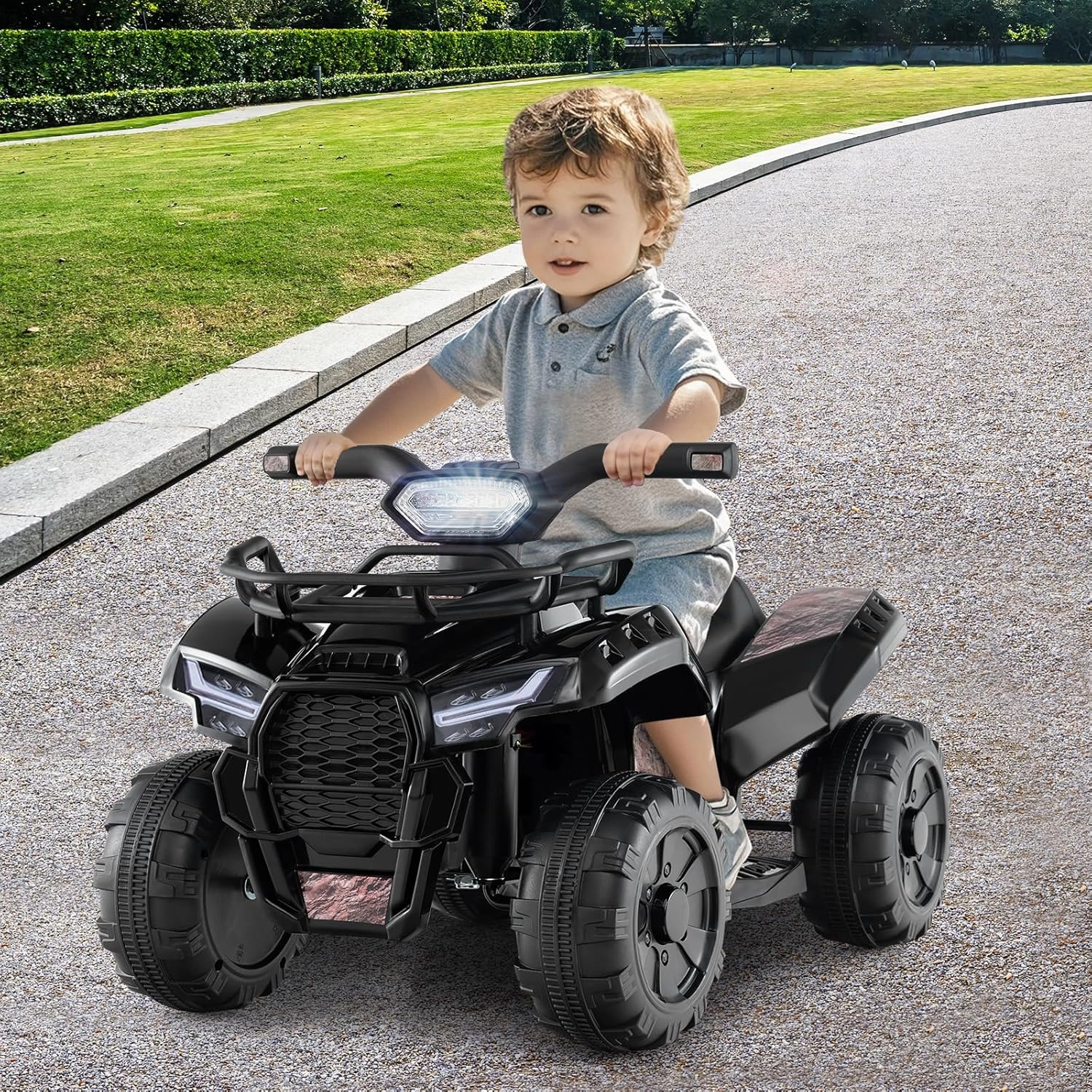 Costzon Kids ATV, 6V Battery Powered Electric Vehicle Four Wheeler Quad w/Storage Basket, Headlight, Horn, Music, MP3 & USB, Toddler 4 Wheeler Ride on Car Toy for Boys Girls 18-36 Months (Black Camo)
