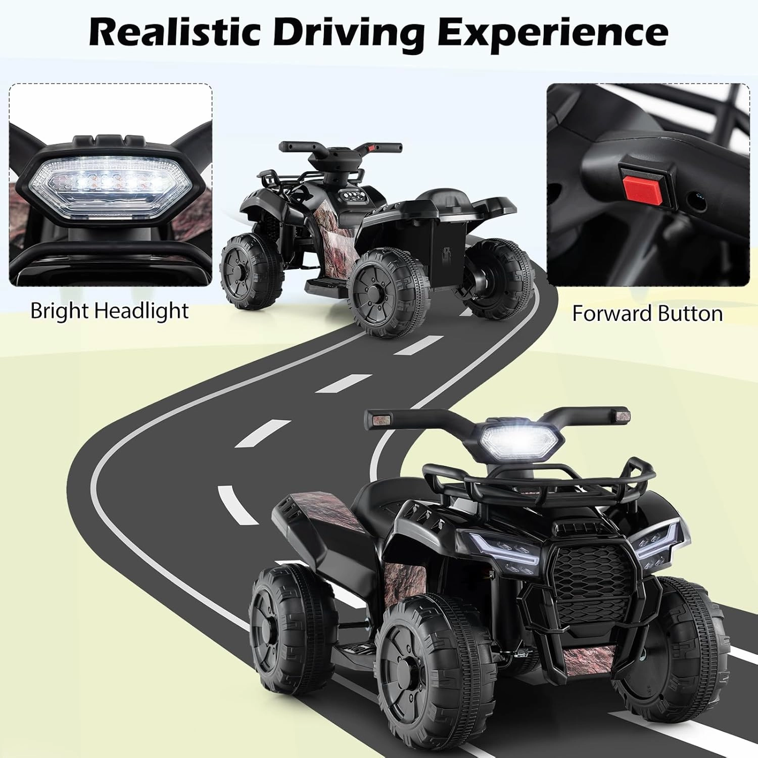 Costzon Kids ATV, 6V Battery Powered Electric Vehicle Four Wheeler Quad w/Storage Basket, Headlight, Horn, Music, MP3 & USB, Toddler 4 Wheeler Ride on Car Toy for Boys Girls 18-36 Months (Black Camo)