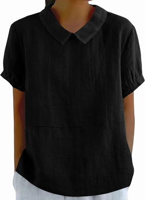 Cotton Linen Shirts for Women Summer Casual Short Sleeve T Shirt Comfy Loose Women's Lapel Pullover Tops