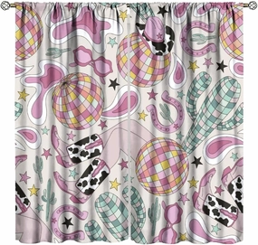 Cowgirl Curtains Cactus Disco Ball American Western Country Cartoon Style Cute Pink Cowboy Art Printed Decor Window Treatment for Kids Bedroom Kitchen Cafe Home Decor Window Drapes 42"W X 45"L