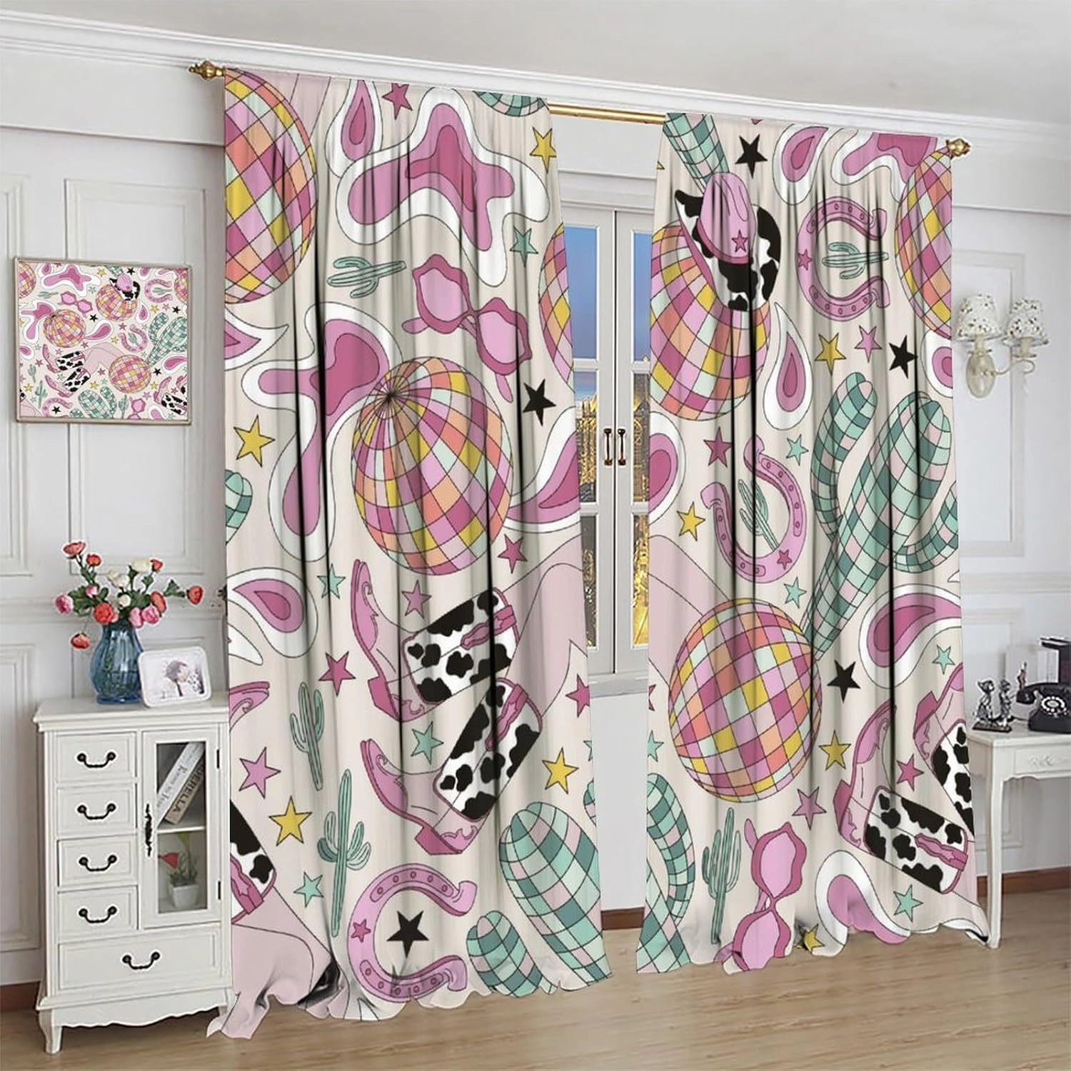 Cowgirl Curtains Cactus Disco Ball American Western Country Cartoon Style Cute Pink Cowboy Art Printed Decor Window Treatment for Kids Bedroom Kitchen Cafe Home Decor Window Drapes 42"W X 45"L
