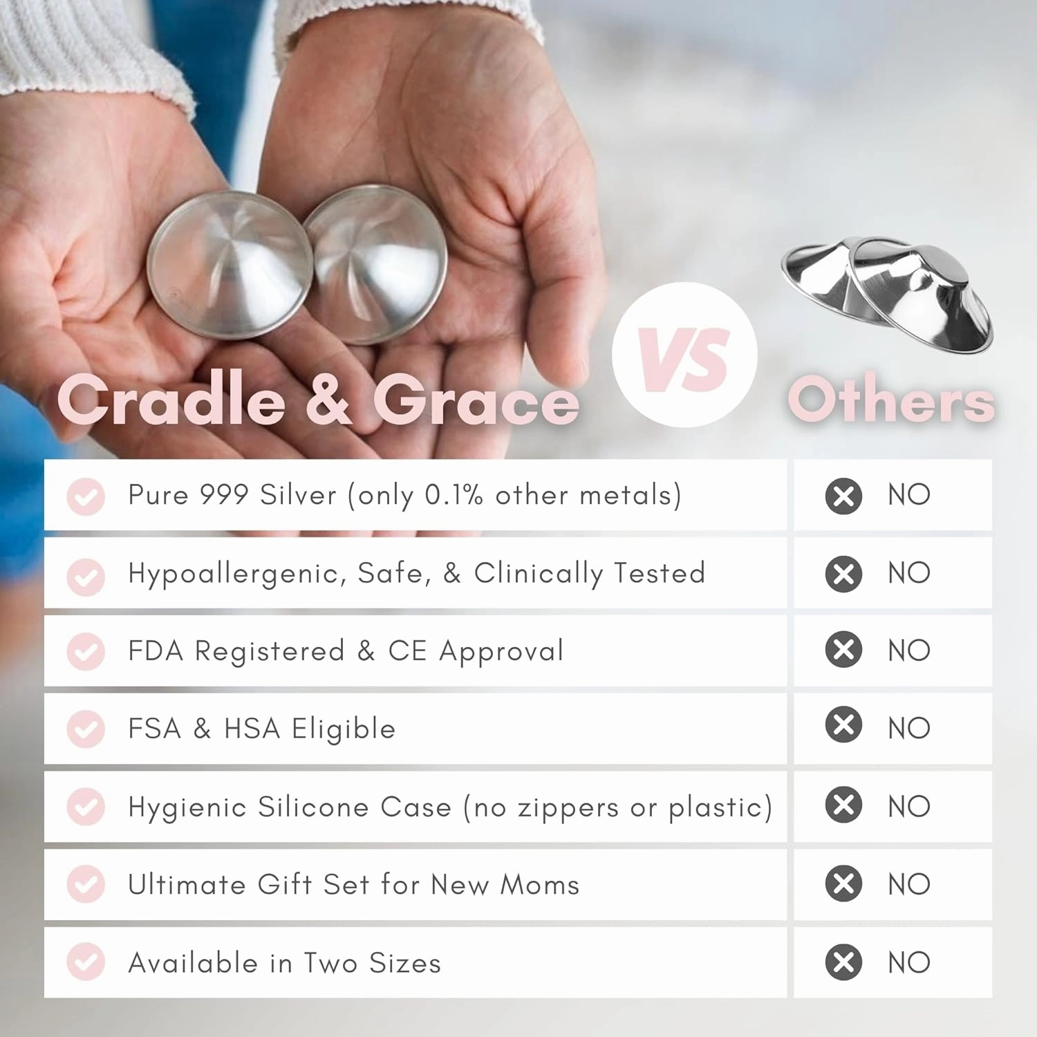 Cradle & Grace Pure 999 Silver Nursing Cups with Gray Carrying Case, Silver Nipple Shields for Breastfeeding Newborn, Silver Nipple Covers Breastfeeding Kit, X-Large